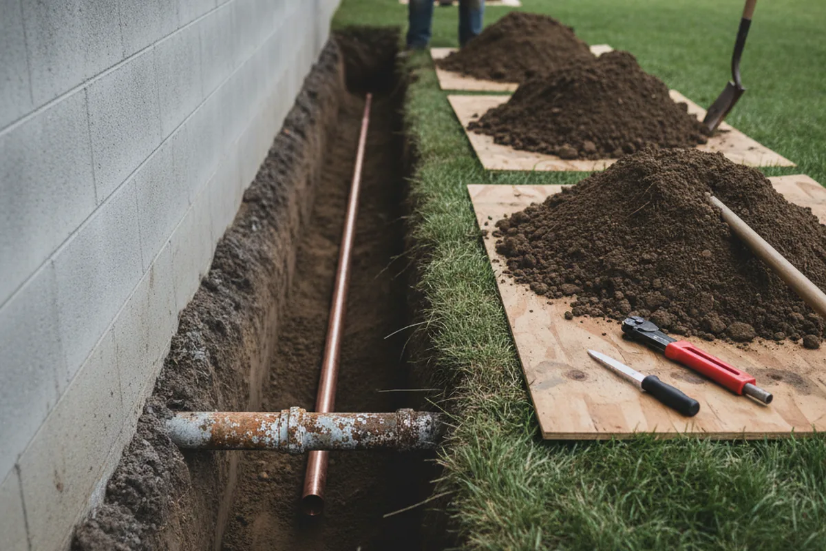 Excavated water line trench during Sewer Line Repair in Hartly